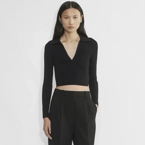Aritzia Babaton Black Sculpt Knit Long Sleeve Polo Cropped Ribbed Knit Top XS - Picture 1 of 8